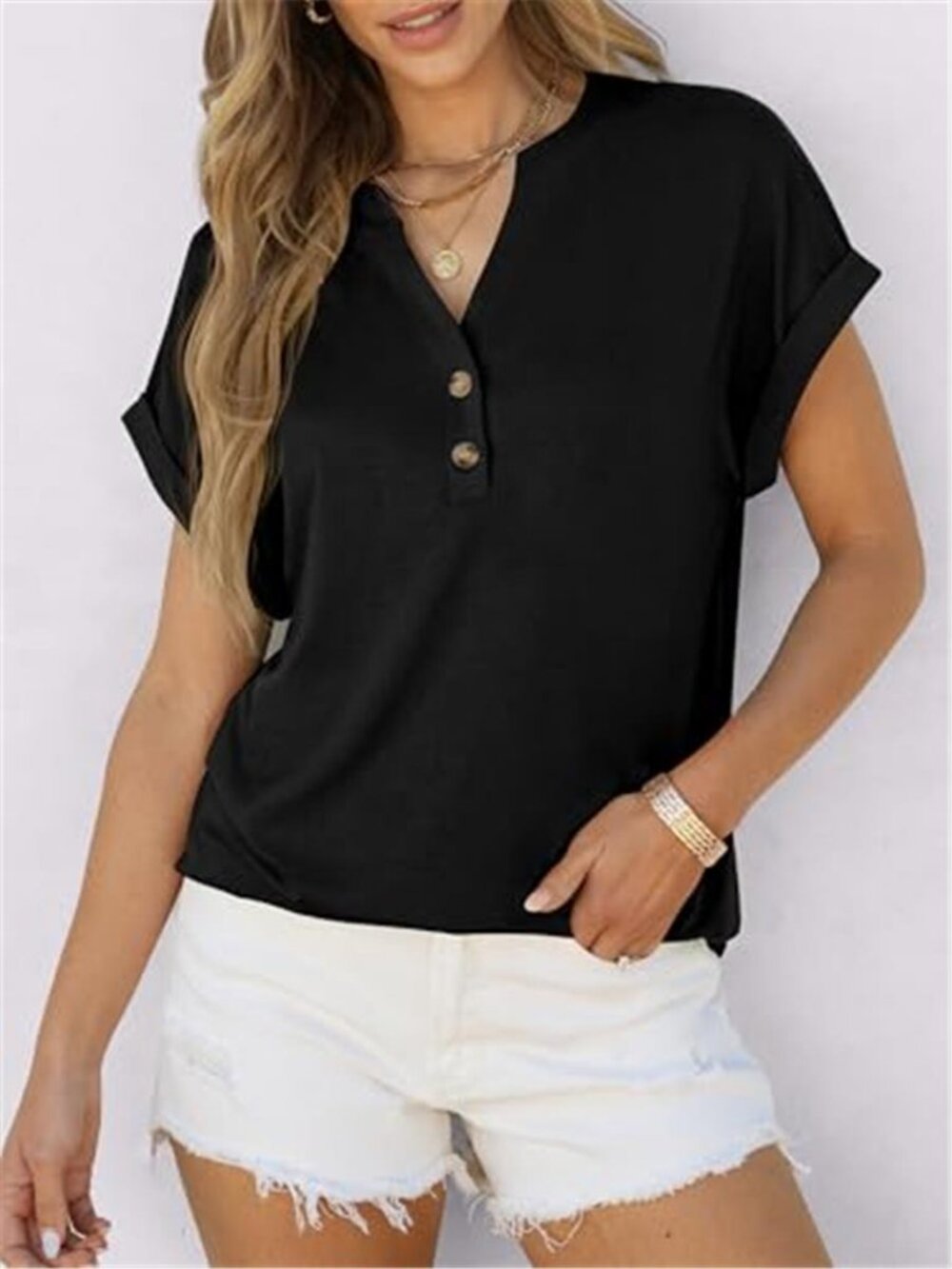Womens Henley Top Black Short Sleeve V Neck Casual Blouse Summer Tee Shirt - Picture 4 of 6